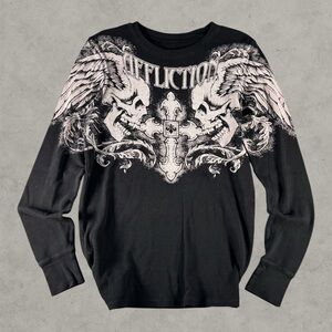 Affliction Thermal Shirt Mens Small Black Y2K Mallgoth Emo Punk Grunge Wings